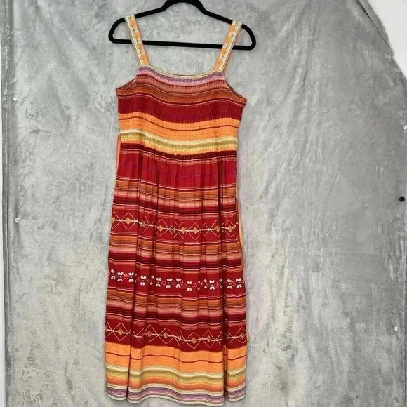 Coldwater Creek Sz 6 Stripe Cotton Embroidered Smocked Cottagecore Hippie Dress‎ - Picture 2 of 16